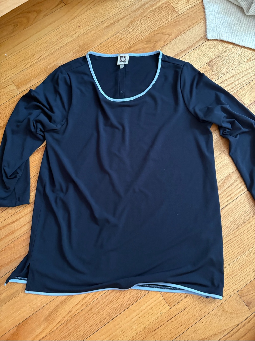 Anne Klein Navy Blue Long Sleeve Blouse with Light Blue Trim